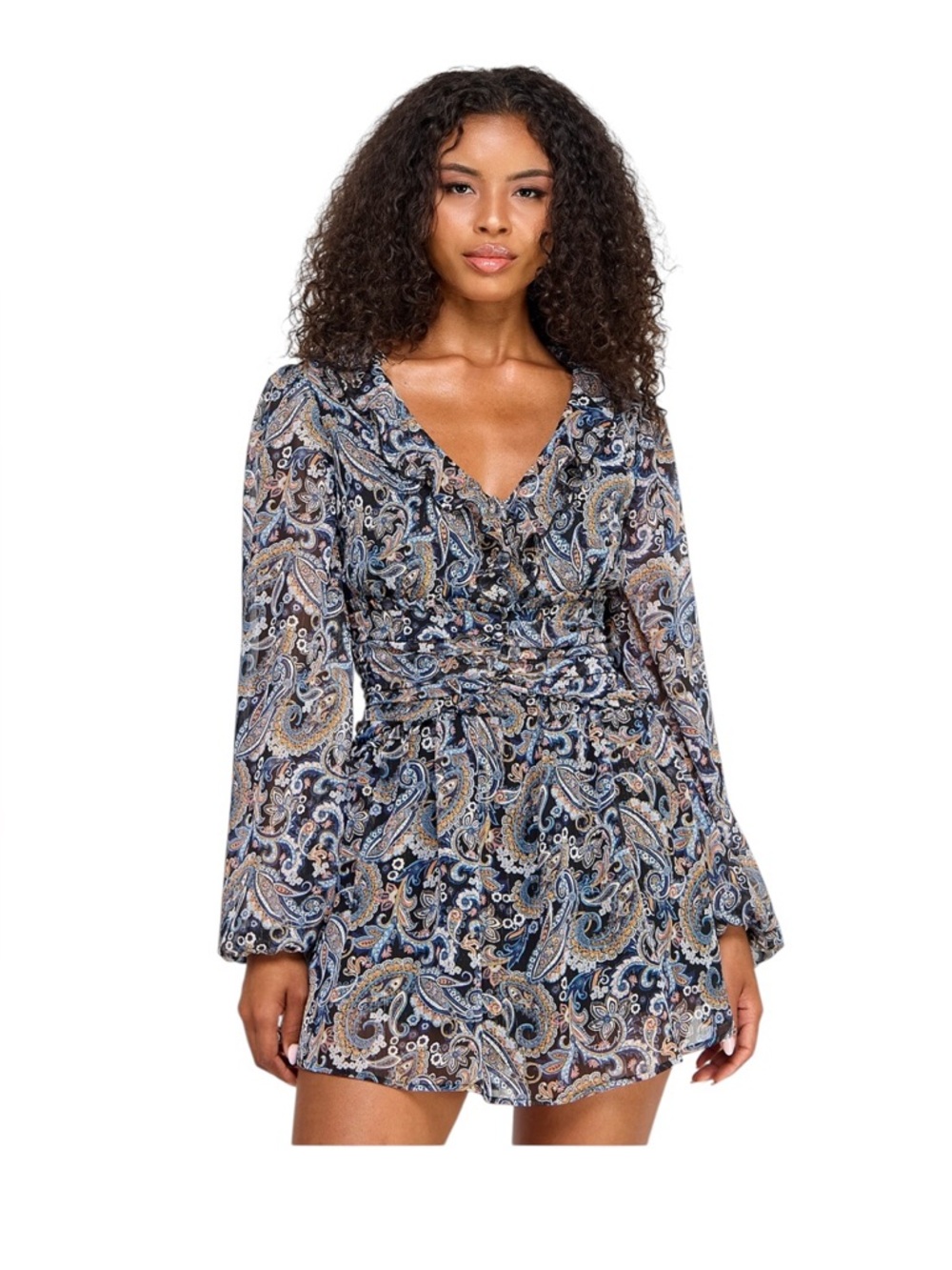 City Studio Paisley Long Sleeve Ruffle Mini Dress Boho V-Neck Blue/Beige NEW M